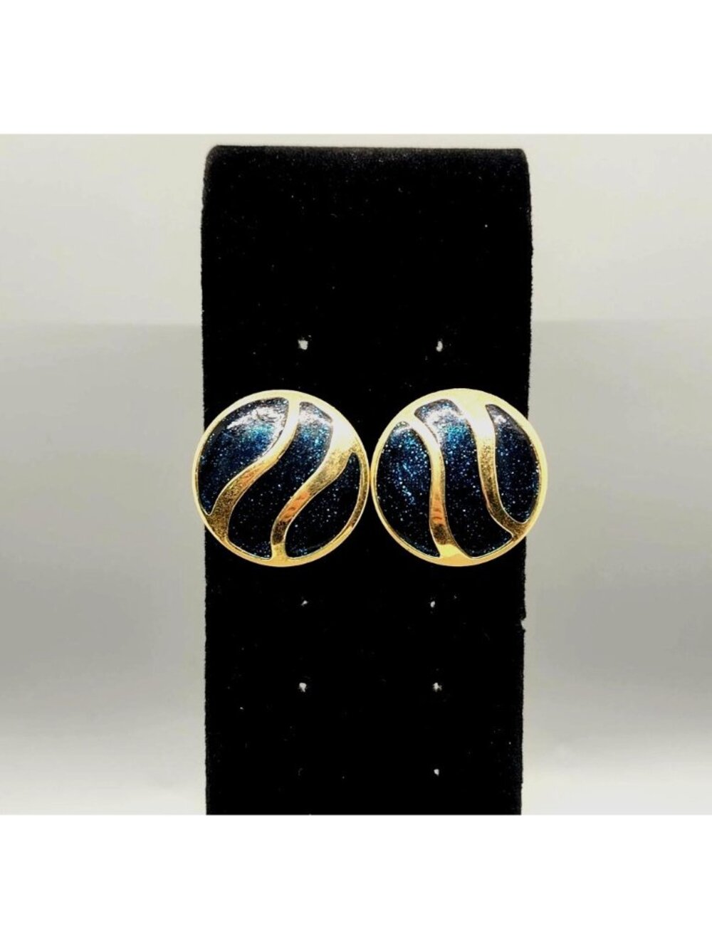 Vintage Blue & Gold Round Post Back Earrings With Glitter Wave Design